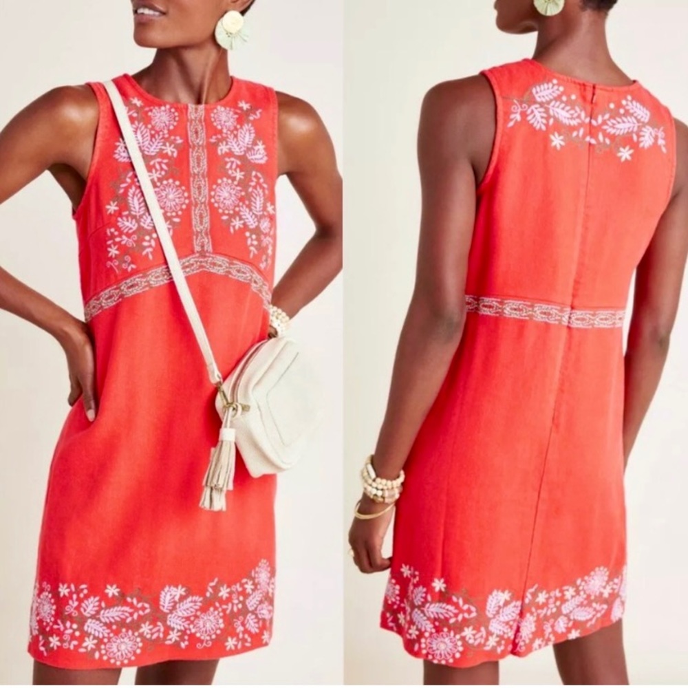 Anthropologie Aiko Cottagecore Cotton Shift Dress w/ Floral Folk Embroidery
